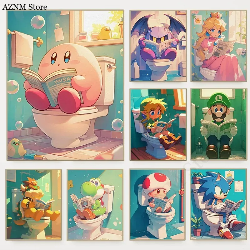 Home Bathroom Pictures - Zabawny Plakat z Kreskówkowymi Postaciami z
