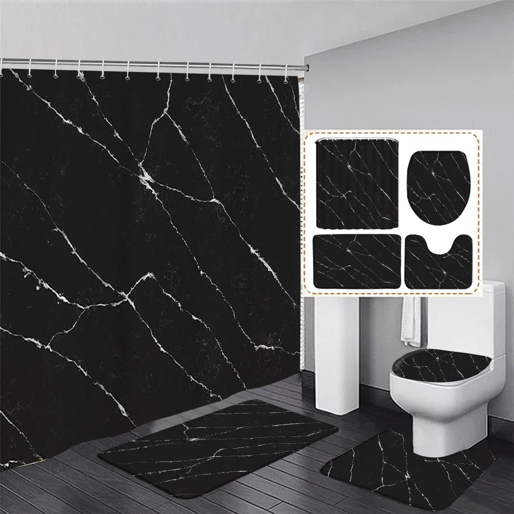 Shower Curtain Liner - Czarny marmurowy zestaw zasłon prysznicowych Białe