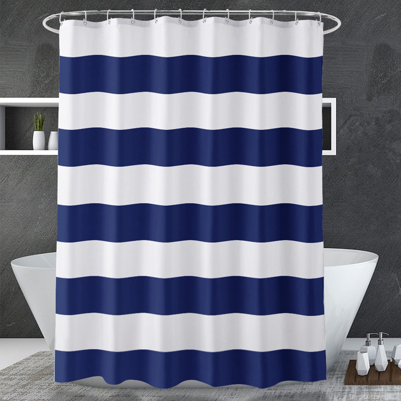 Shower Curtain Liner - Granatowa zasłona prysznicowa w paski Niebiesko-biała