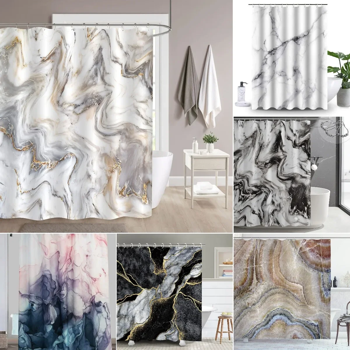 Shower Curtain Liner - Szaro-złoty marmurowy atrament tekstura zestaw zasłon